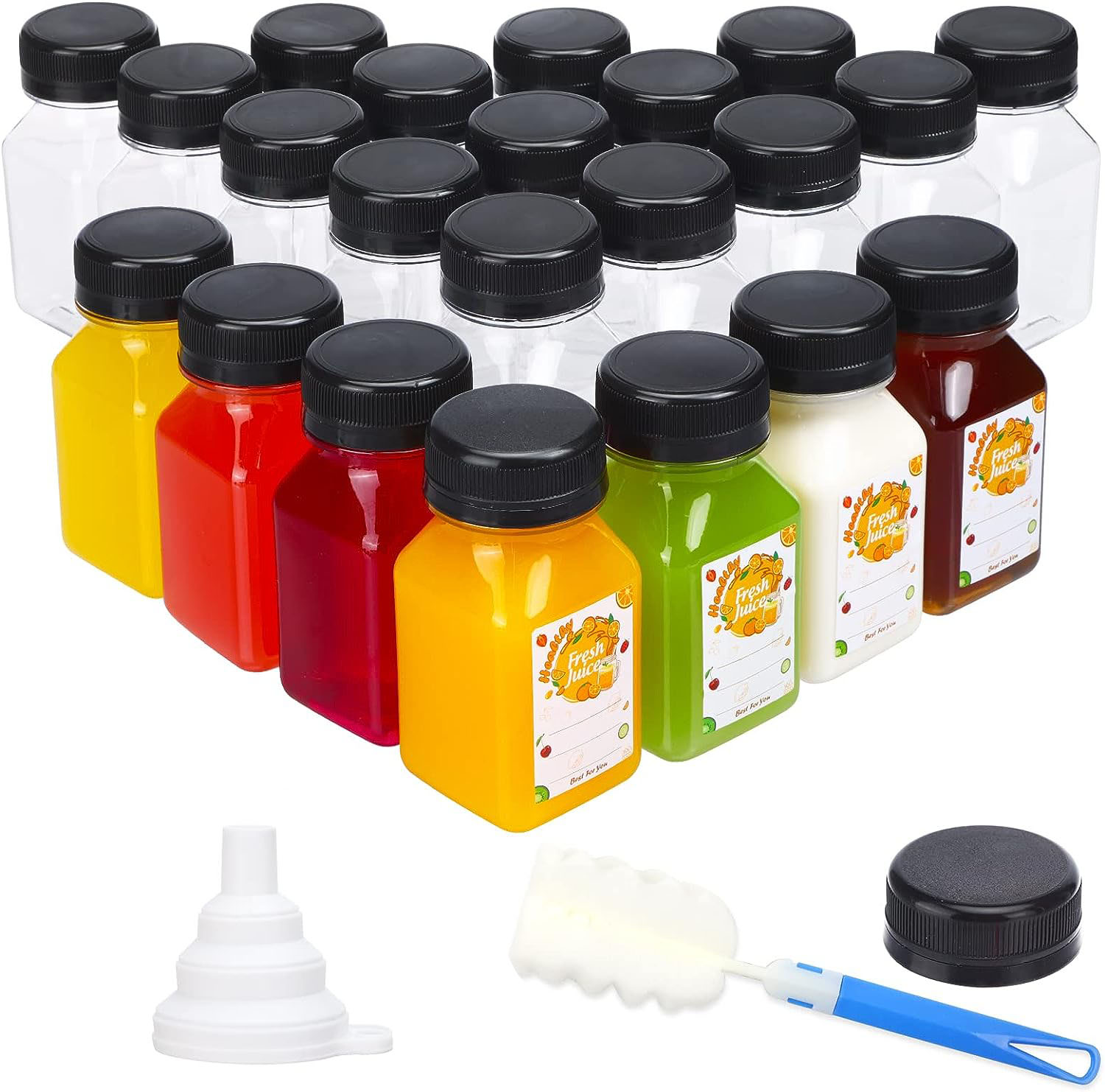 Meal Prep Juice Bottles - 4 Unzen Kunststoff-Saftflaschen mit schwarzen Kappen,